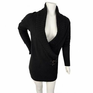 Cache Black Faux Wrap Sweater Tunic Dress Horse Bit Buckles Medium